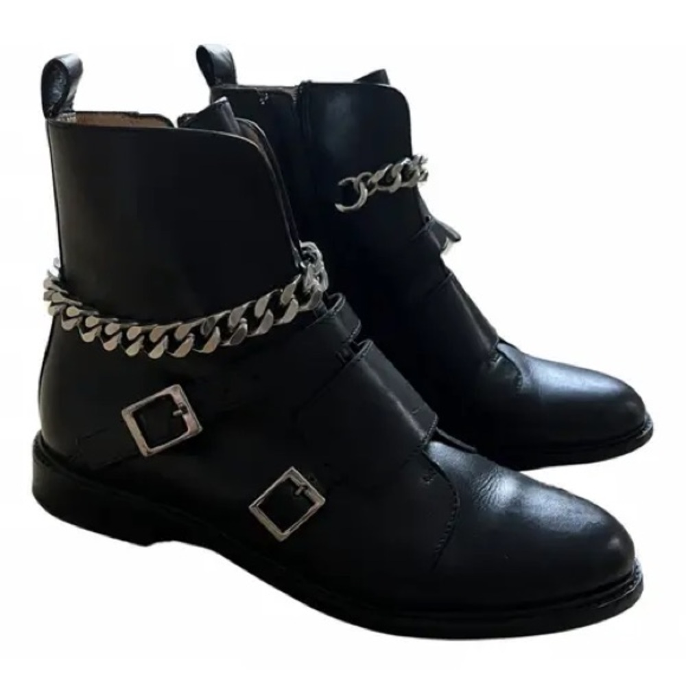 Black Leather Ankle Boots with Silver Chain